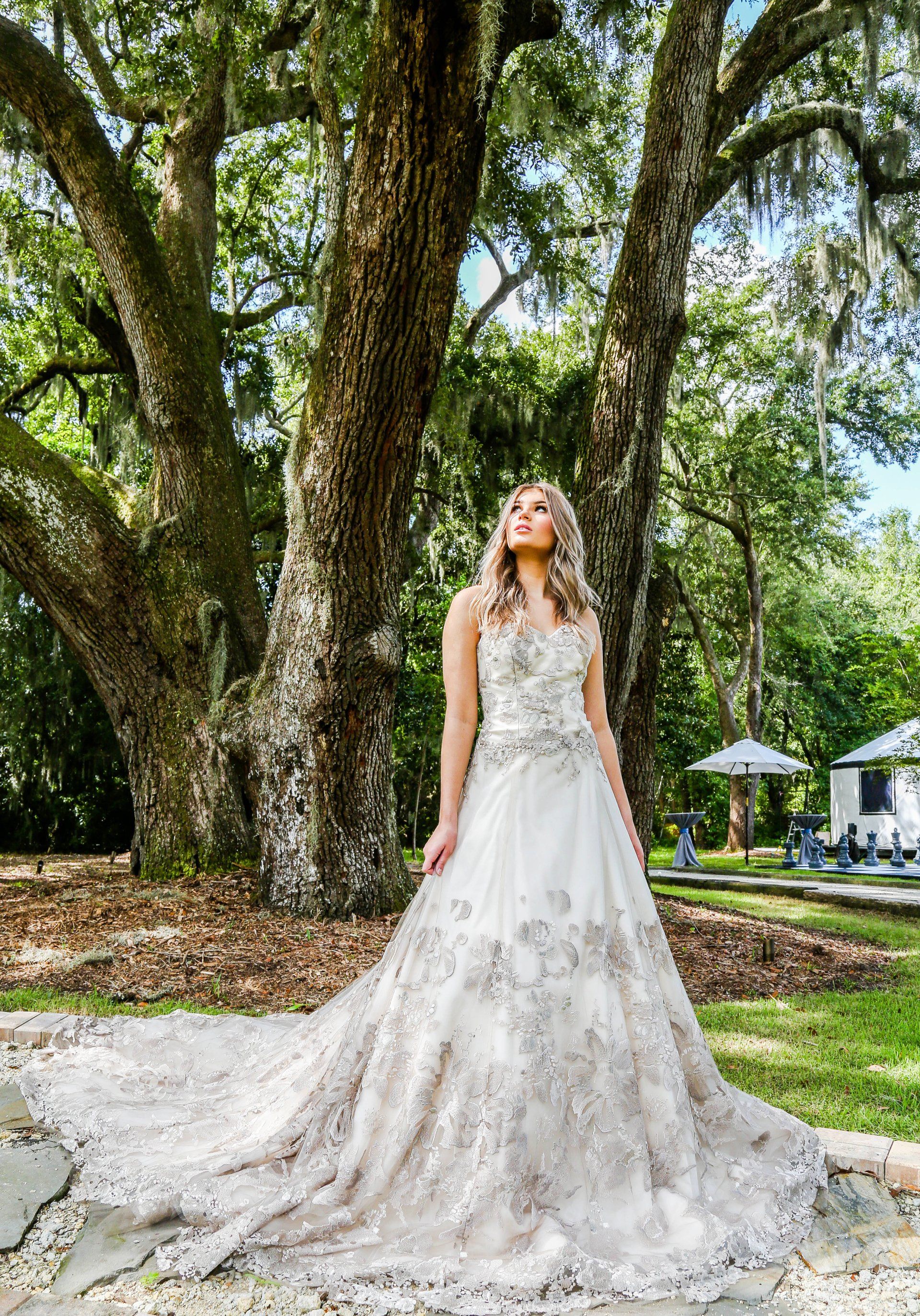 Woman in a white lace wedding dress standing beneath large trees in a park-like garden.