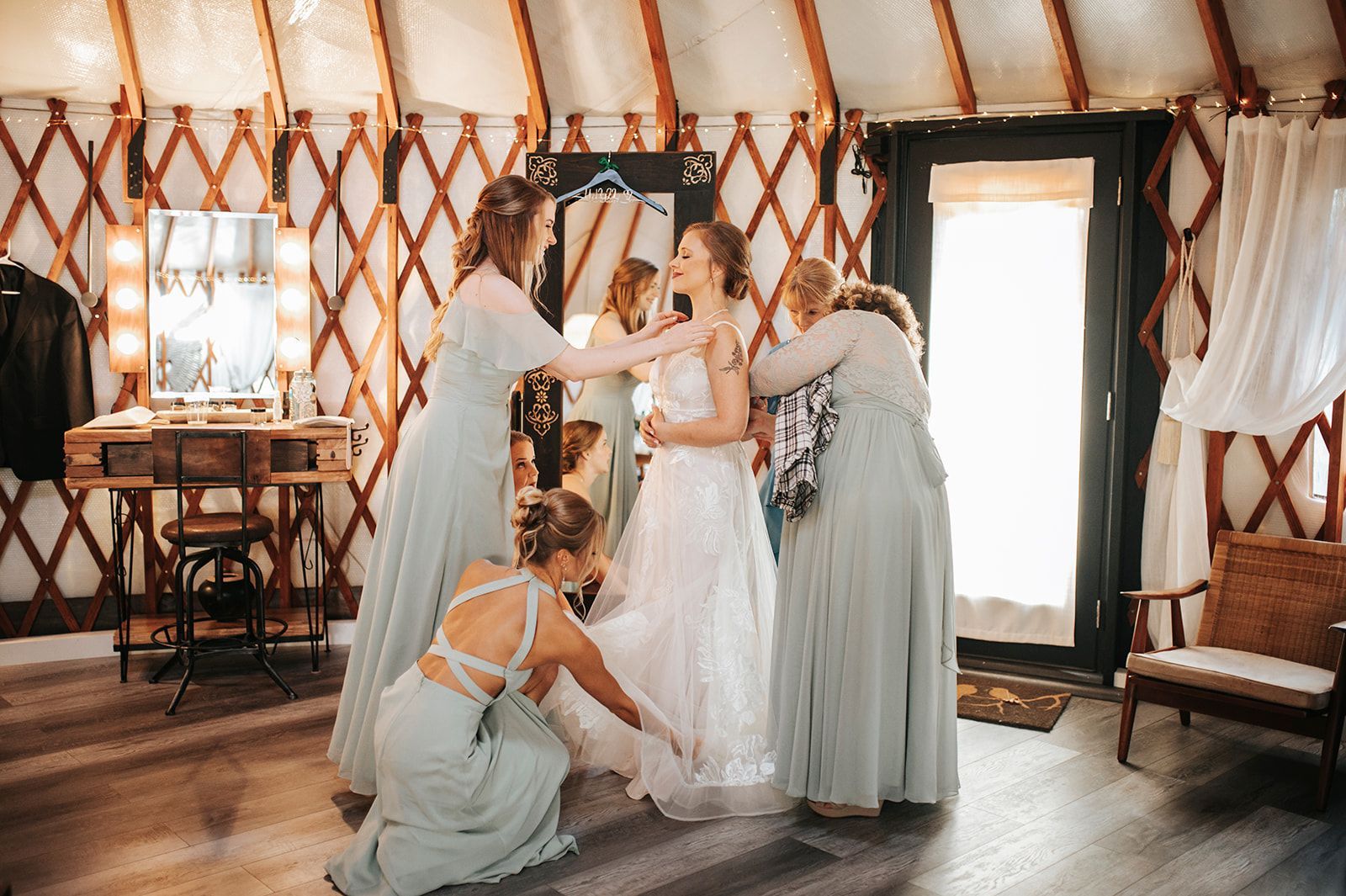 Bride getting ready in Hart Meadows Ranch Yurt