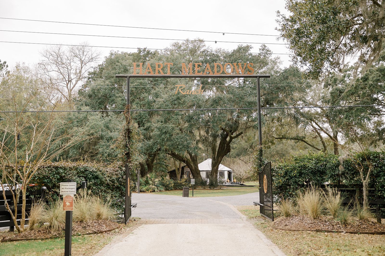 Garden entrance with a green gate, gravel path, and trees on both sides