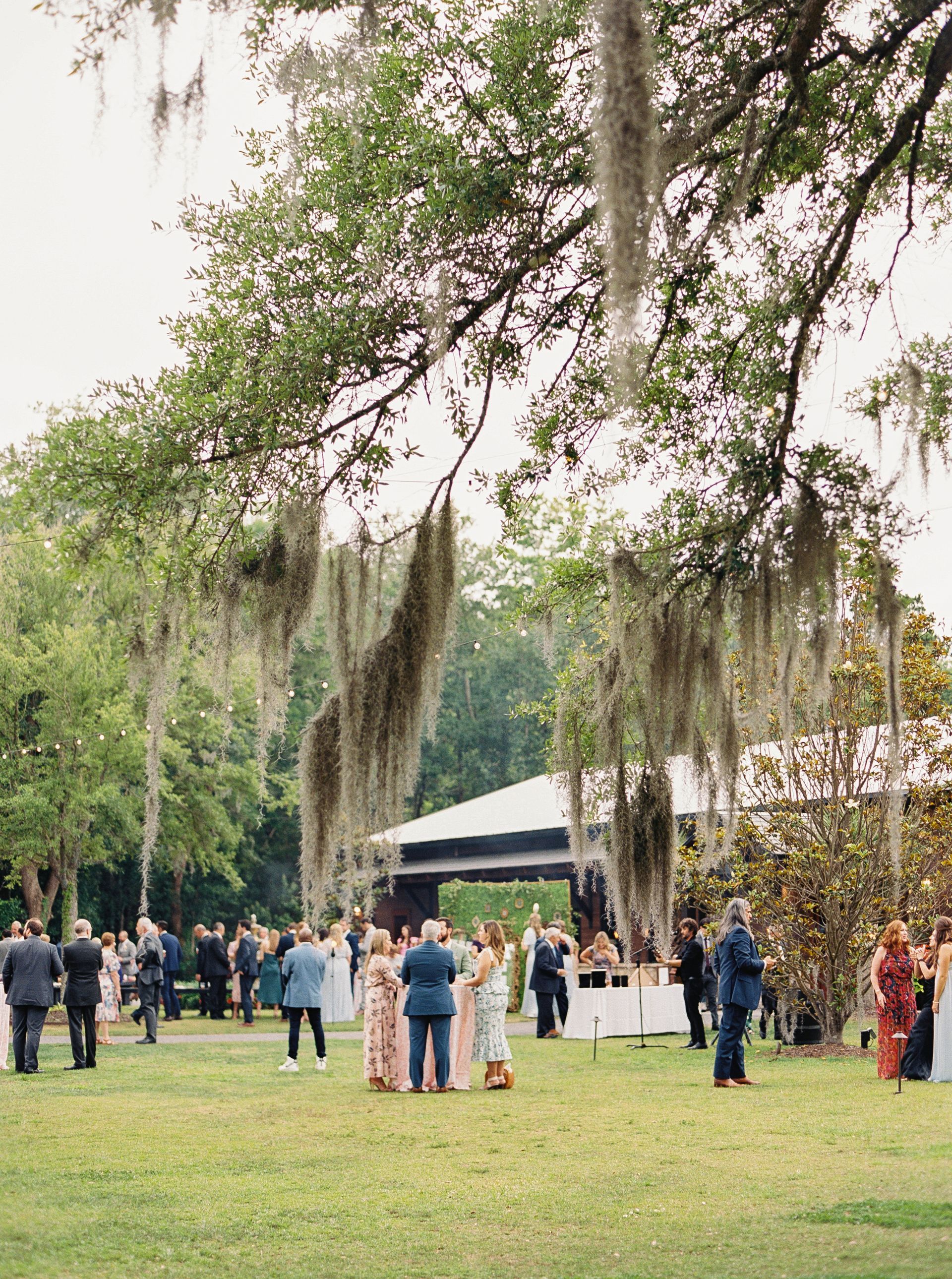 Guests gathered on a grassy lawn under trees beside a white event tent.