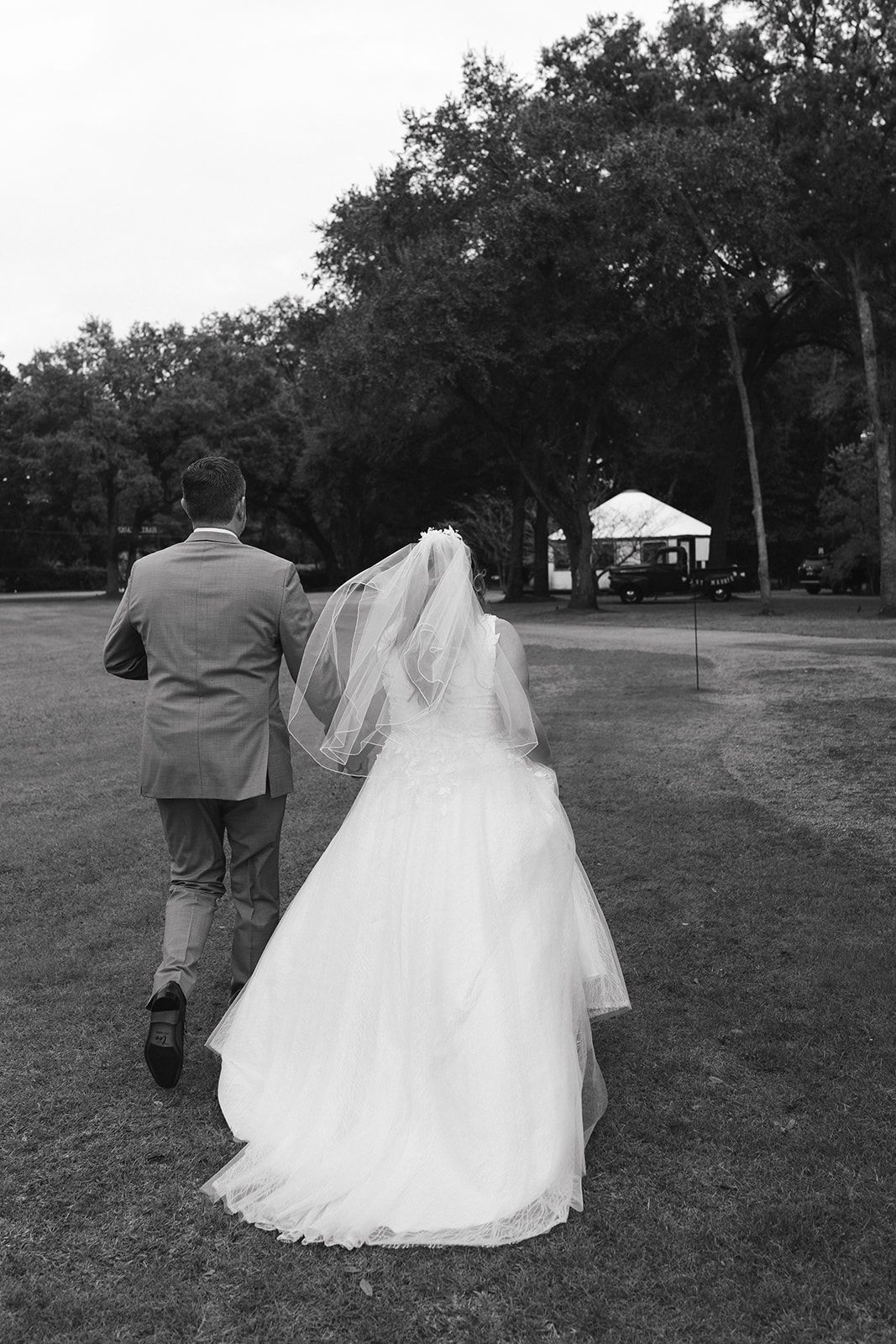 Bride and groom walking away in a park, bride in a long white gown and veil, trees in the background