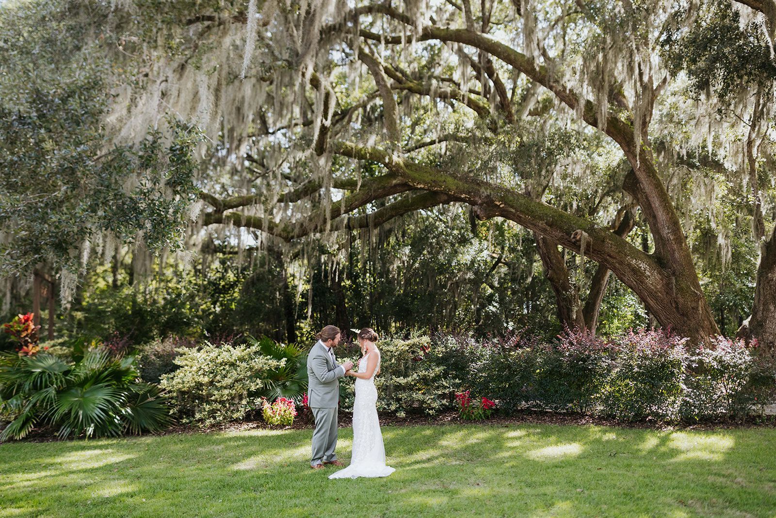Bride and groom standing on a lawn beneath large trees with hanging moss in a garden setting