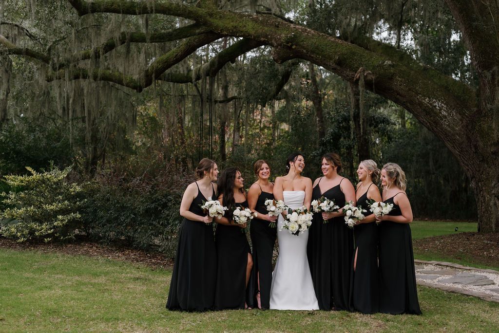 Bridal party posing under a large tree, bride in white with bridesmaids in black holding bouquets.