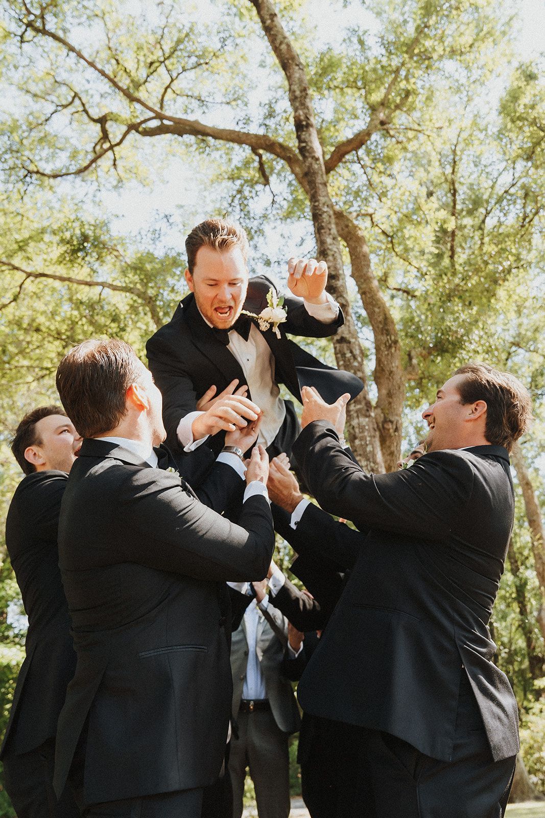 Men in black suits lift a smiling man outdoors under trees, celebrating.