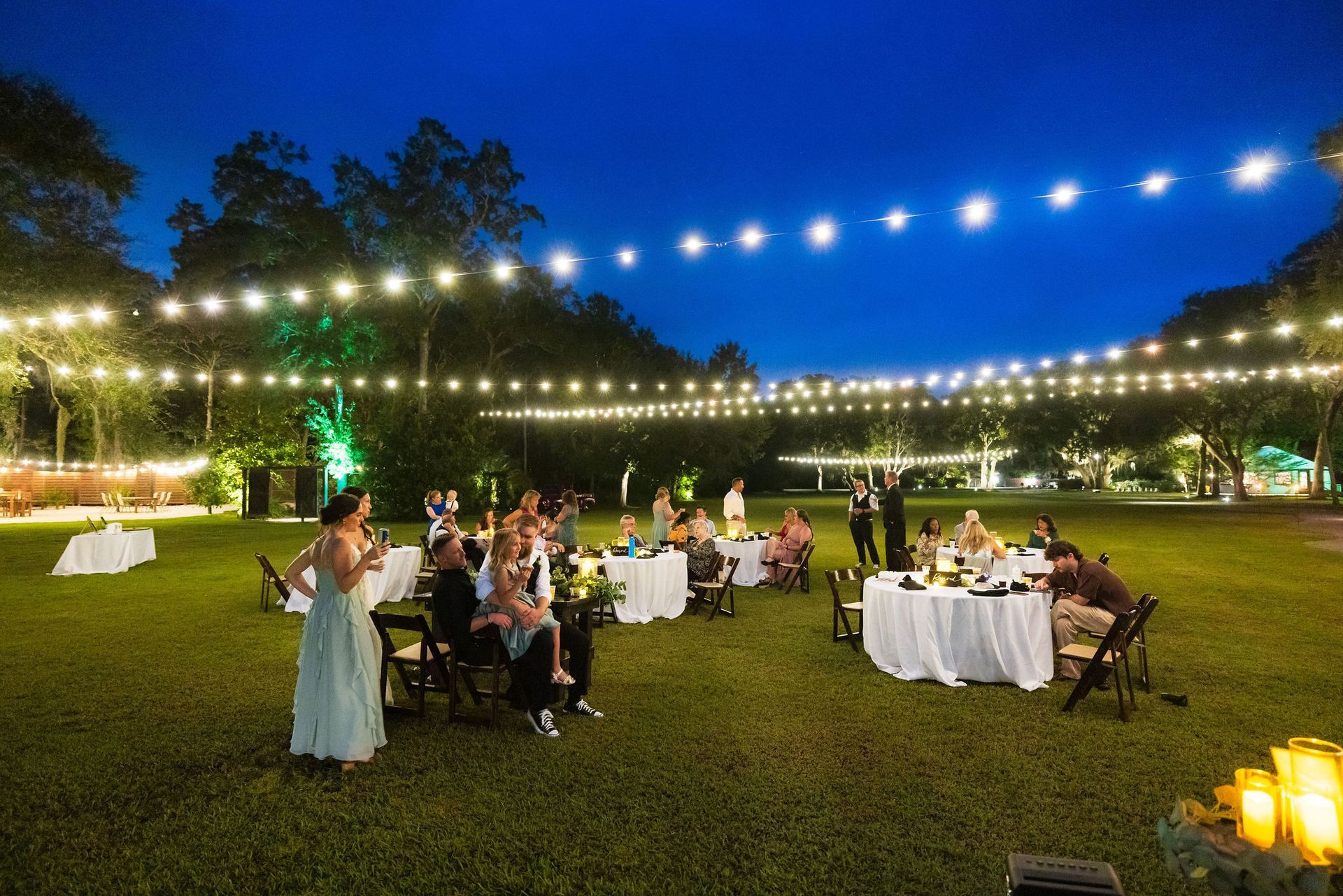 Outdoor evening wedding reception on a lawn with string lights, round tables, and guests dining under a blue sky