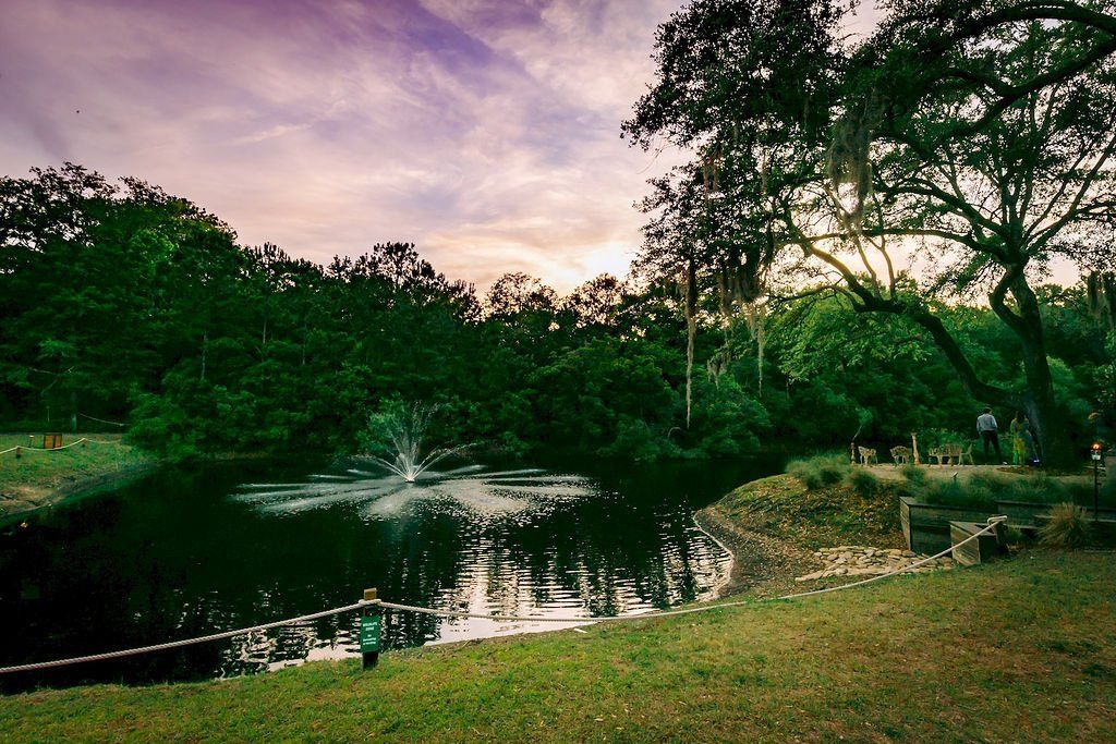 Park pond with a water fountain, surrounded by lush trees at sunset.