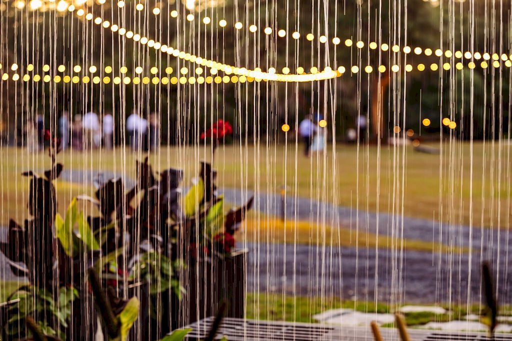 Rainy evening garden with hanging string lights, blurred people, and potted plants in the foreground