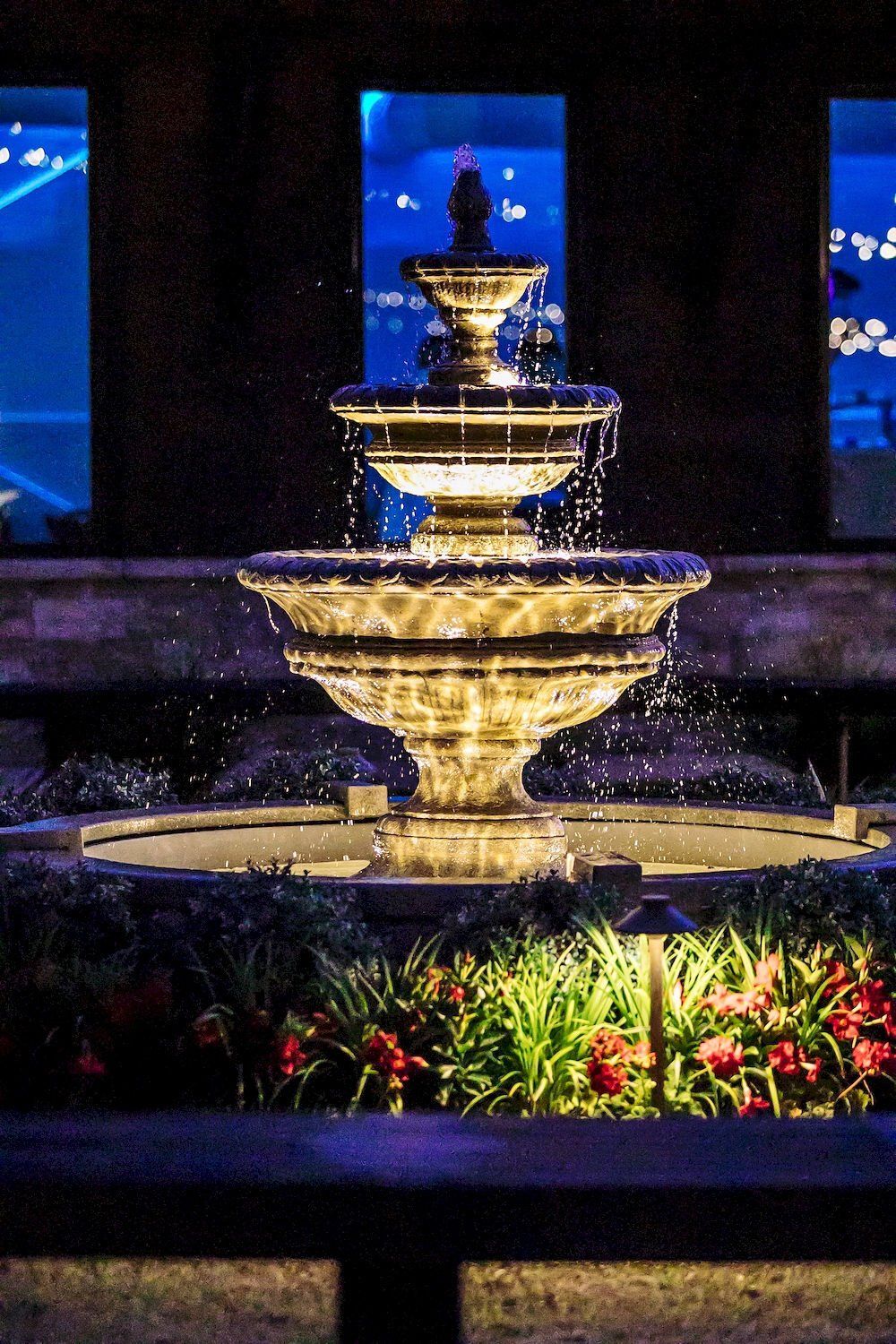 Lit fountain glowing at night, with blue-lit windows and flowerbeds in the foreground