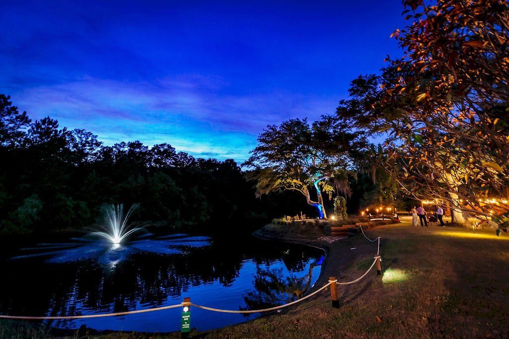 Nighttime park pond with fountains, blue sky, and warm lights along a winding path