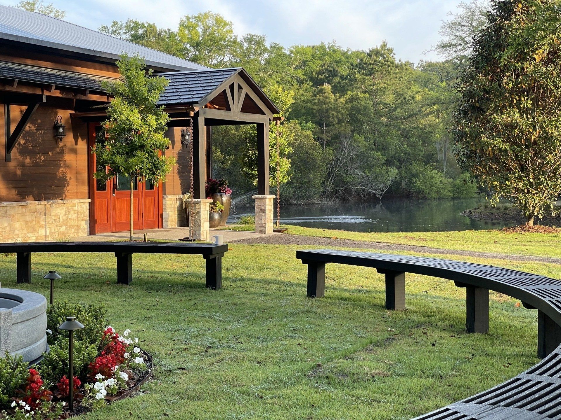 rounch bench surrounding fountain at Hart Meadows Ranch outdoor wedding venue in charleston