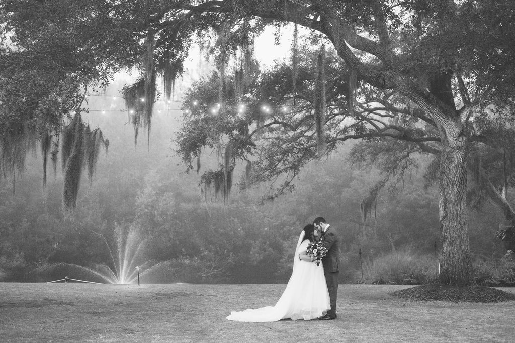 Bride and groom kissing under large trees in a misty garden, with a fountain in the background