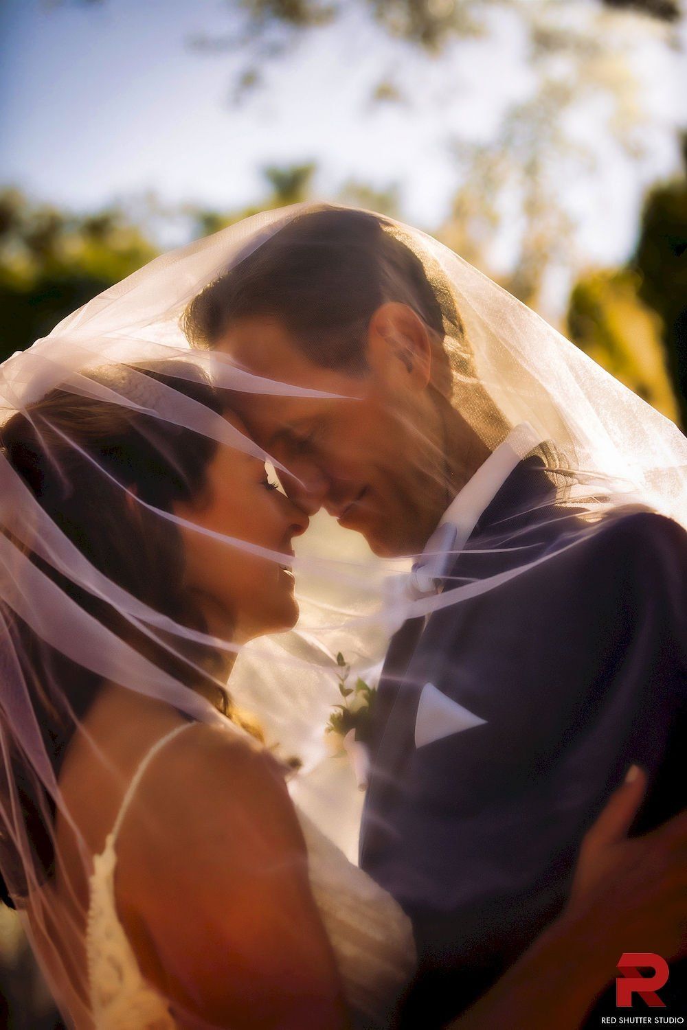 Bride and groom share a kiss under a sheer veil outdoors in warm sunlight