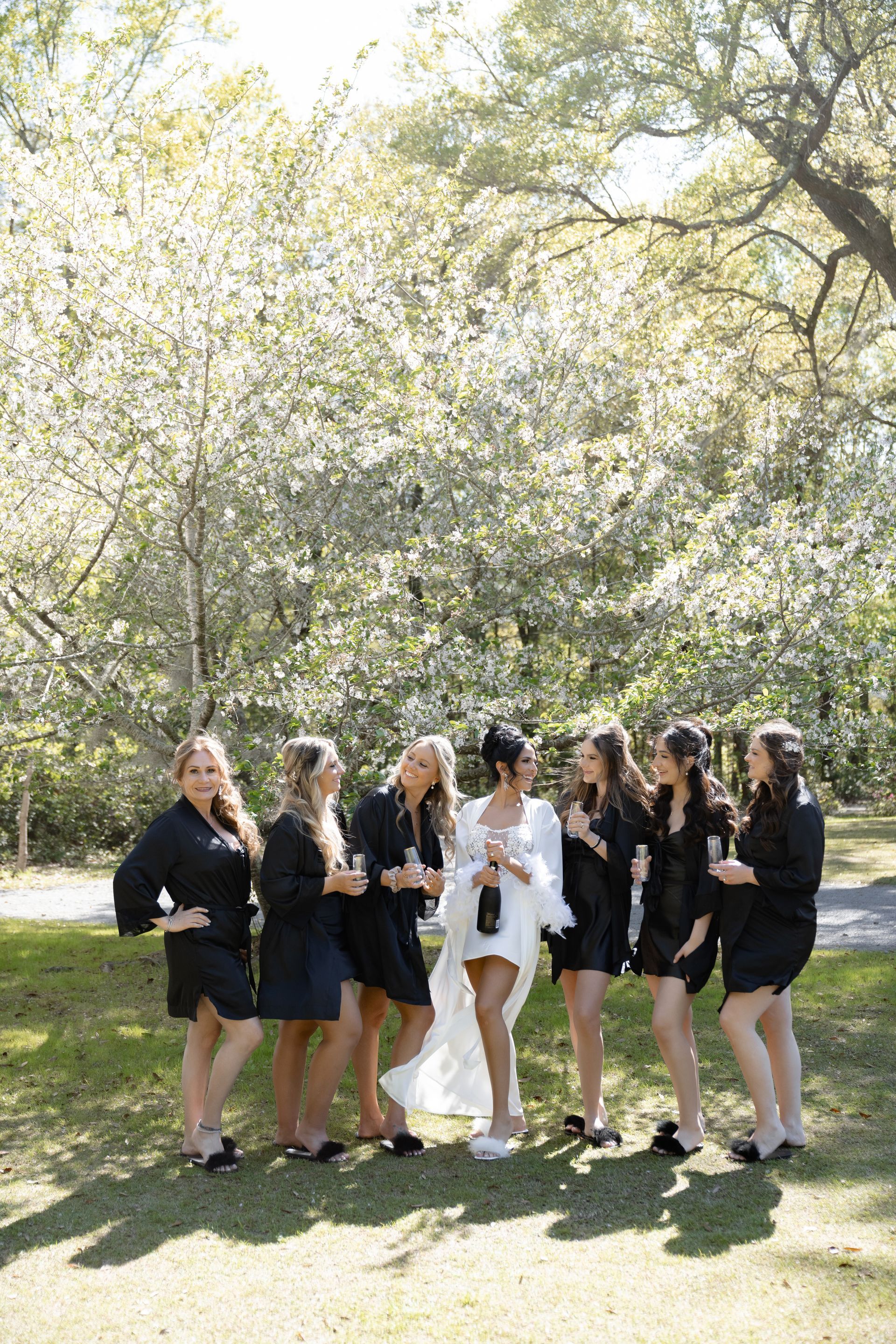 Group of six people posing outdoors under blooming trees, with one in a white dress and the others in black.