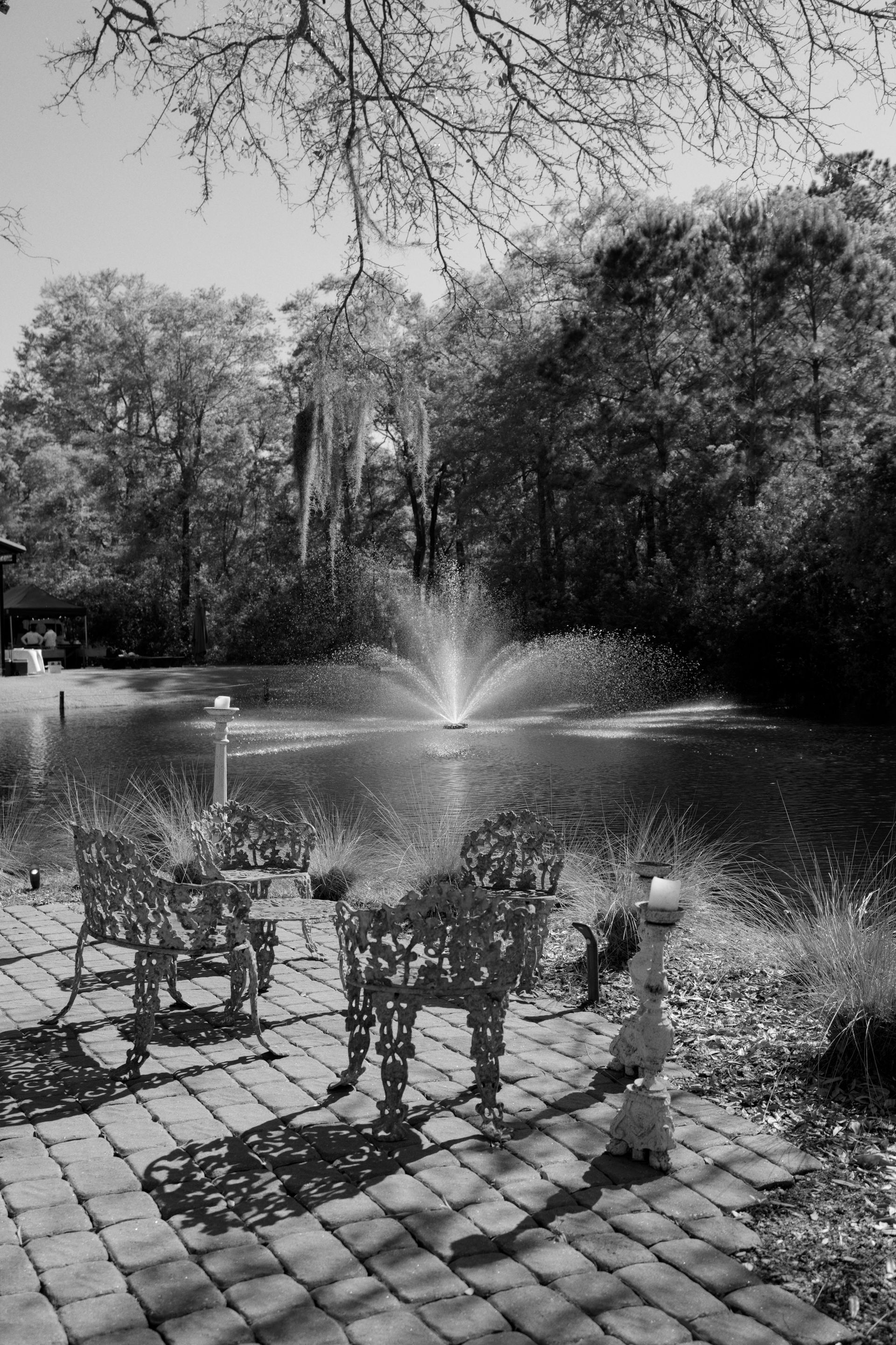 Park fountain spraying water in a tree-lined pond beside a stone path.