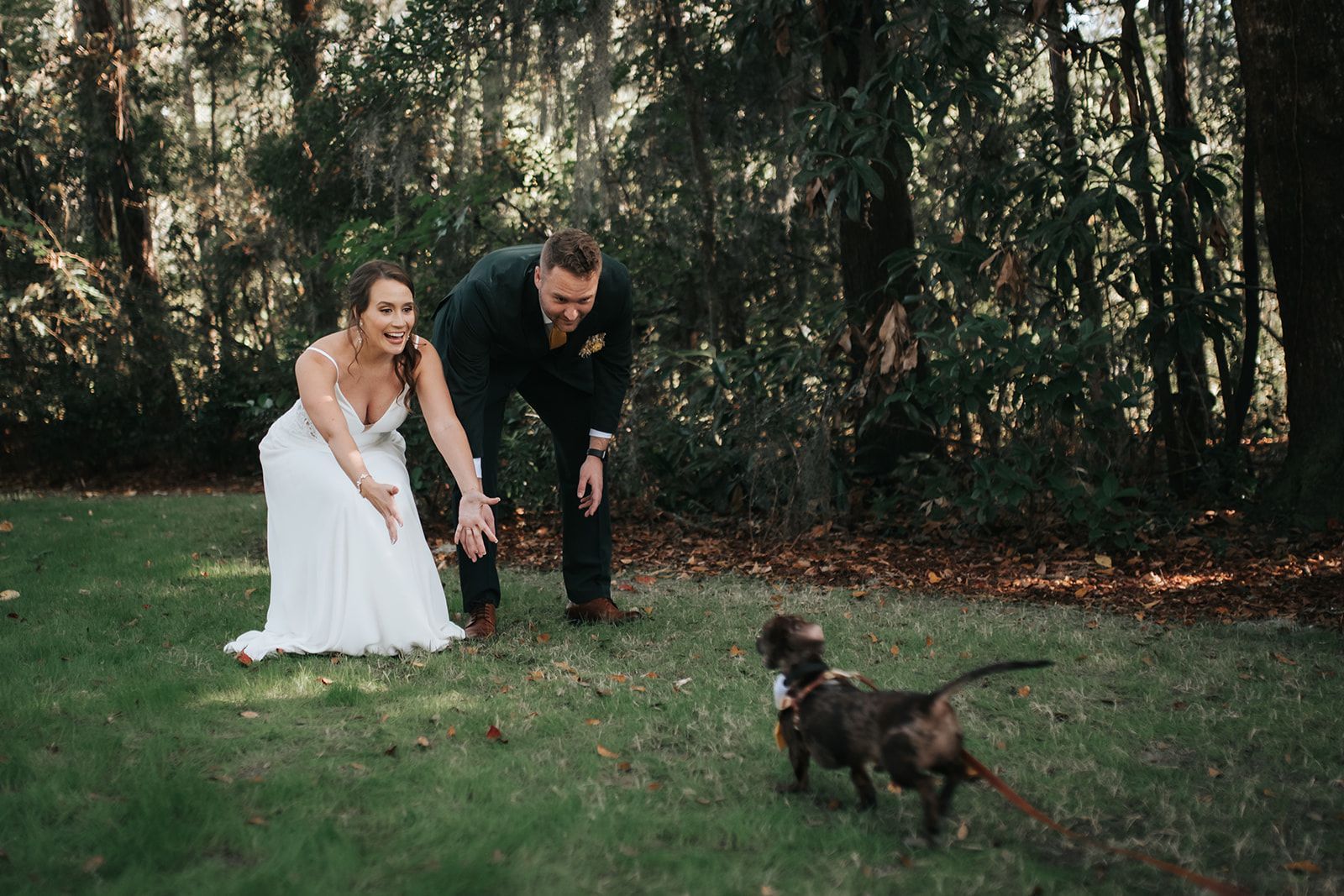 Bride and groom crouch on grass, smiling at a small dog in a wooded outdoor setting.