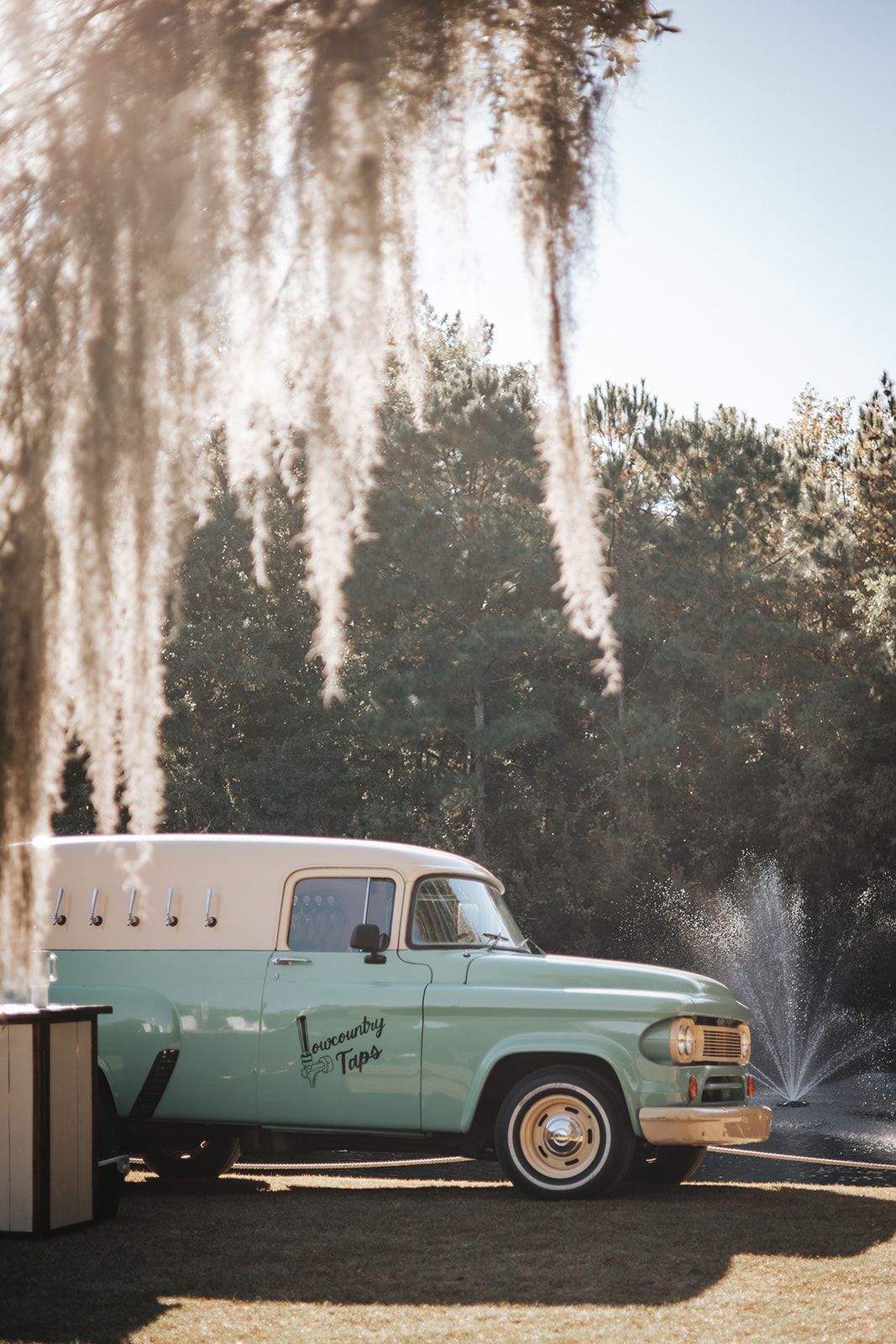Mint-green vintage van parked under hanging moss and trees in sunlight
