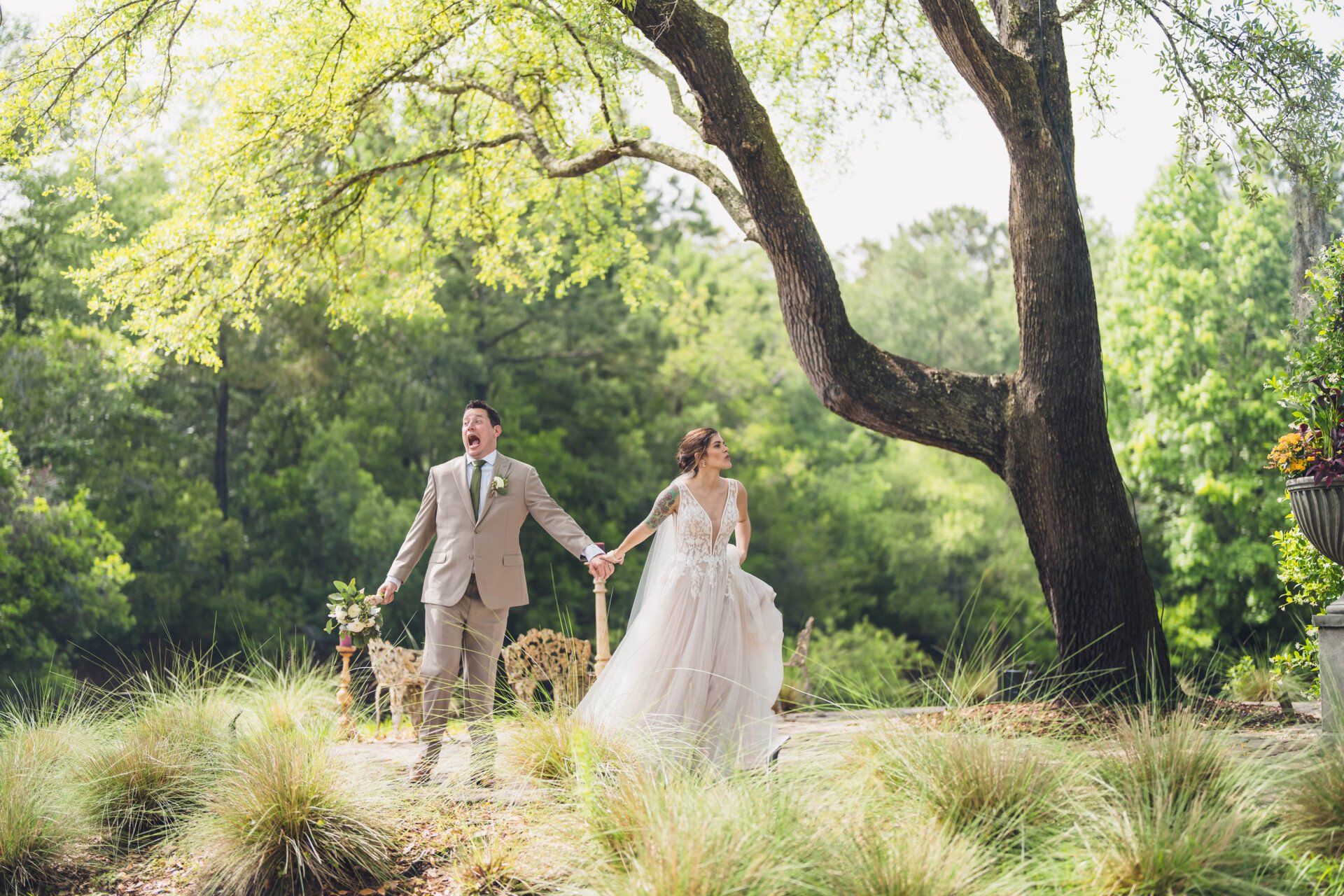 Bride and groom holding hands in a sunlit meadow beneath a large tree