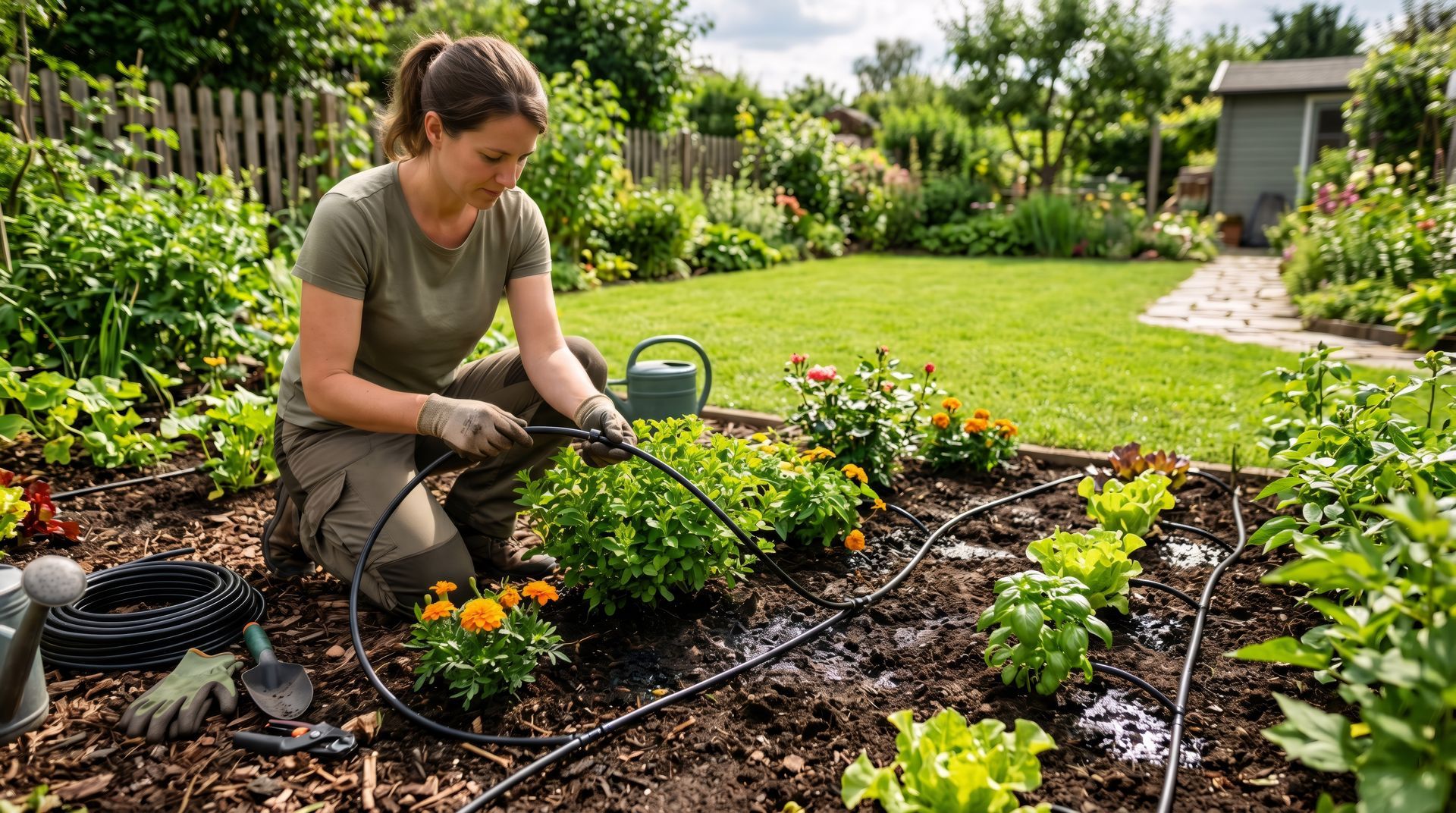 Woman in gloves laying drip tubing and irrigation supplies through a mulched garden bed of flowers. Woman in gloves laying drip tubing and irrigation supplies through a mulched garden bed of flowers.