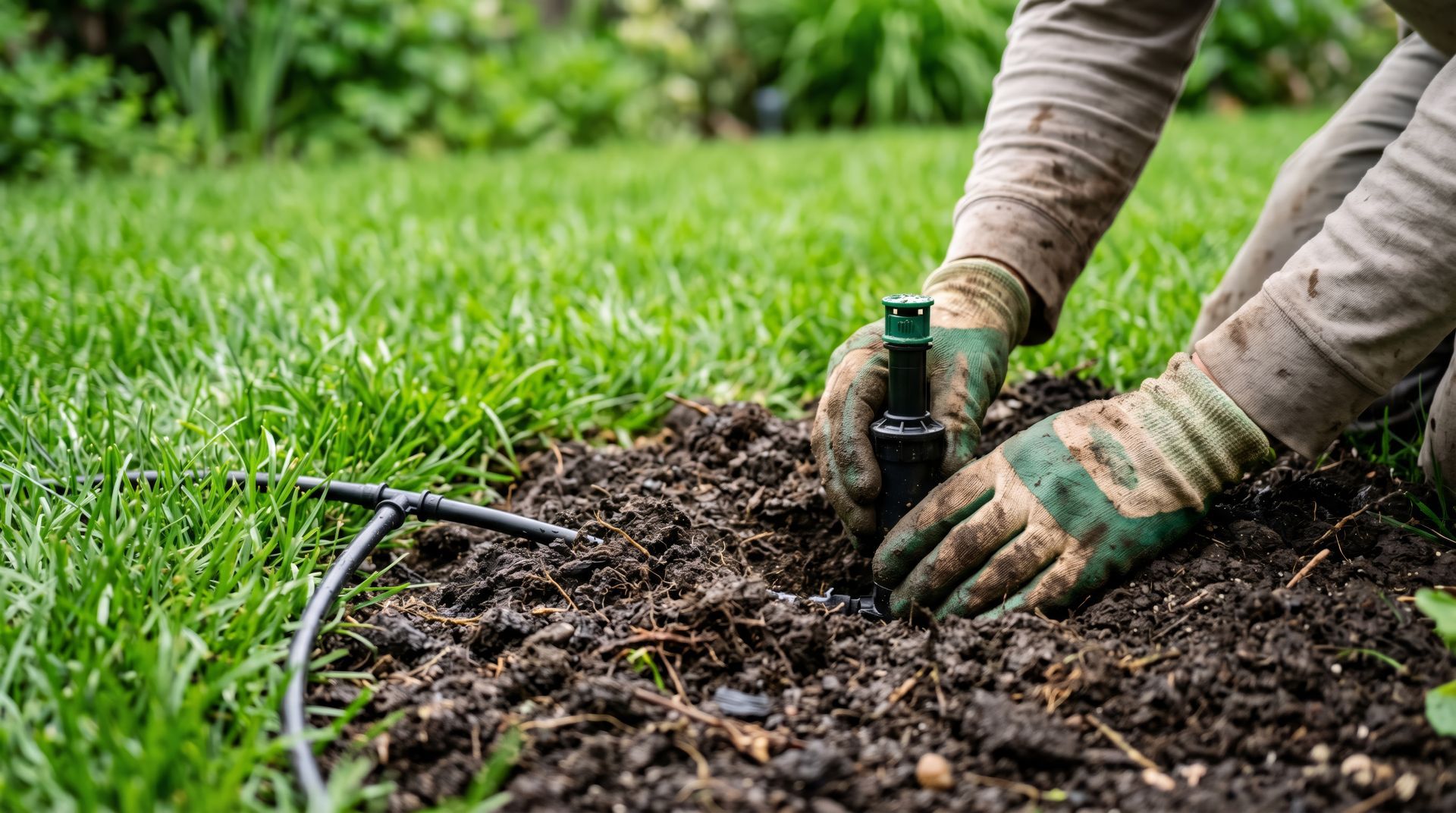 Gloved hands installing a pop-up sprinkler head in loose soil beside grass and irrigation supplies. Gloved hands installing a pop-up sprinkler head in loose soil beside grass and irrigation supplies.