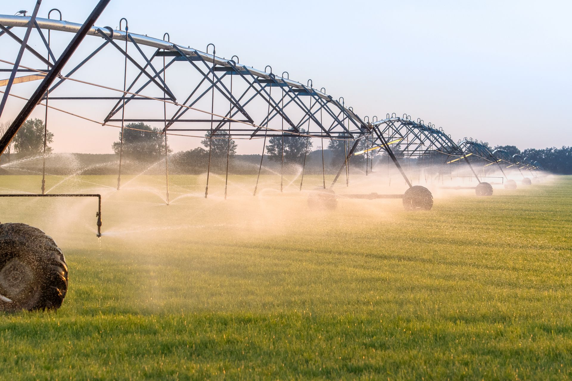 Automatic irrigation system watering crops with sprinklers to support healthy plant growth