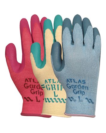 Three pairs of Atlas Garden Grip gloves, pink, yellow, and blue, with colored fingertips.