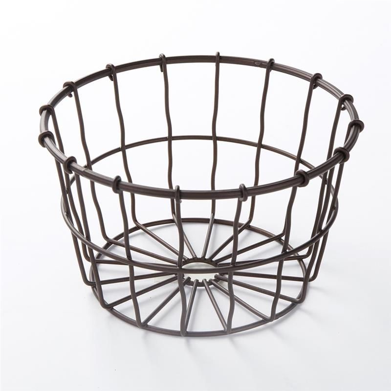 Wire basket with a dark metal frame and spiral base on a white background