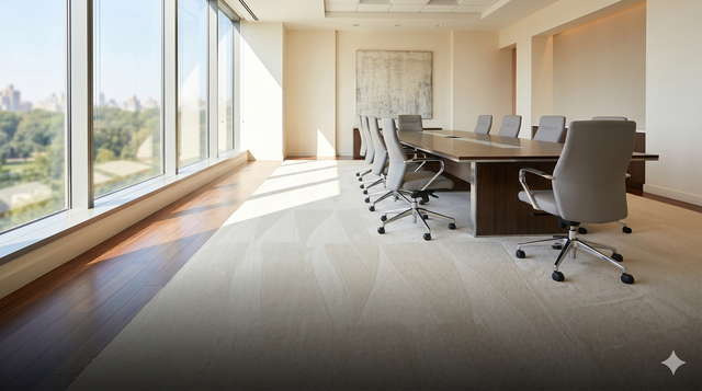 Bright conference room with long table, rolling chairs, and large windows letting in sunlight.