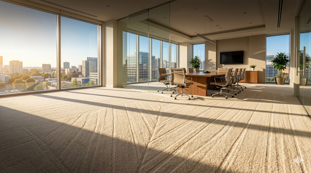Sunlit modern office with floor-to-ceiling windows, city skyline view, and conference table on carpeted floor