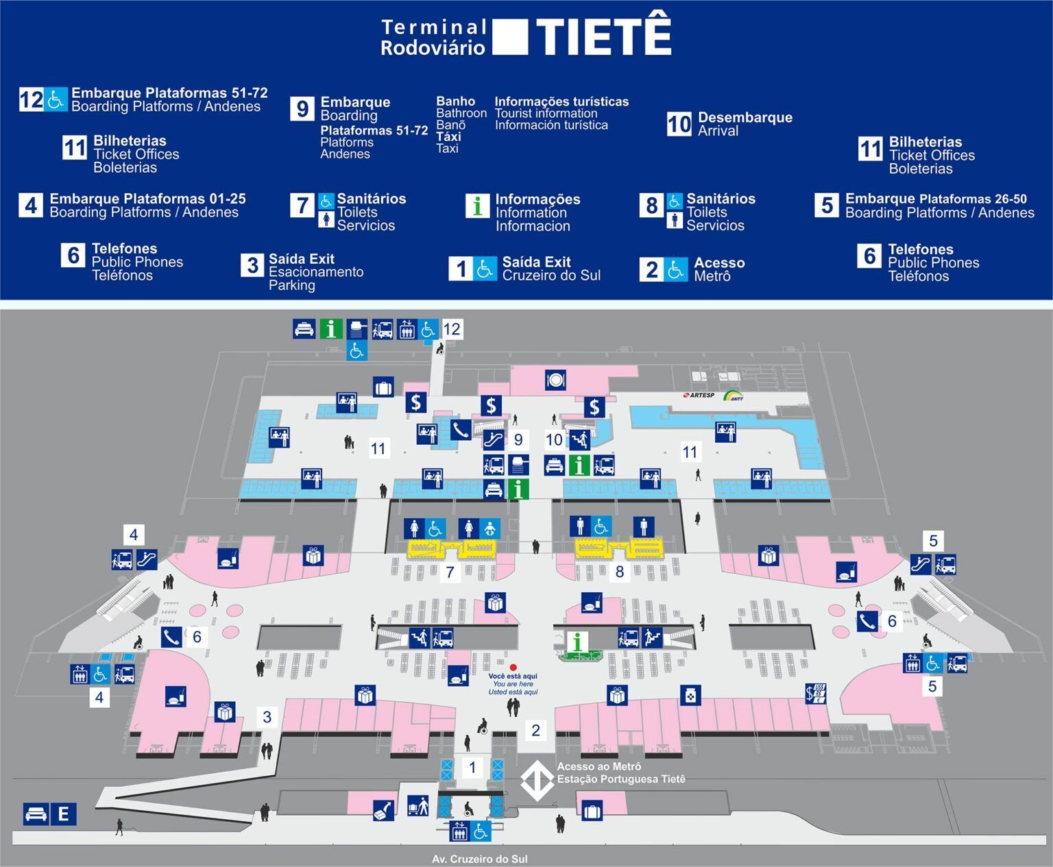 Mapa da planta do terminal do aeroporto, com cabeçalho azul e portões, serviços e áreas de assentos identificados