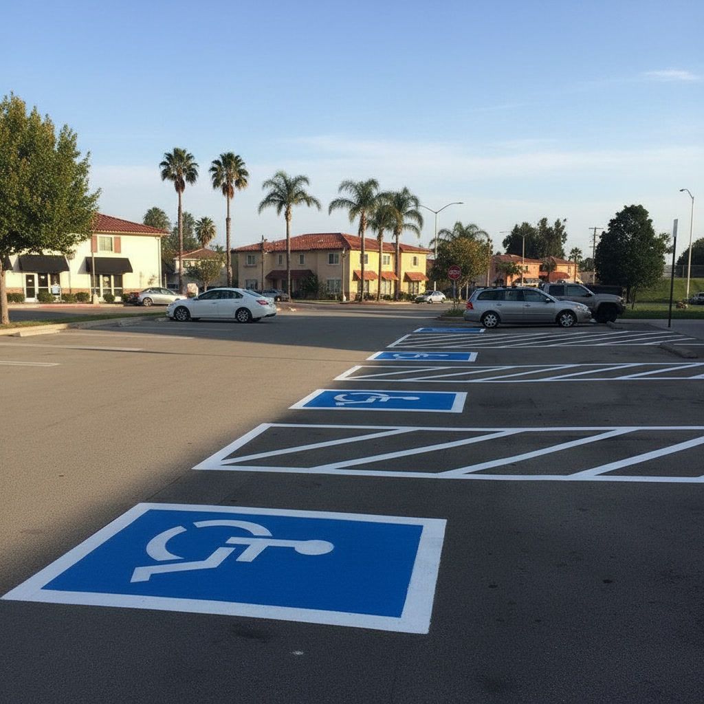 Blue ADA handicap parking spaces and access aisles in Santa Ana California parking lot