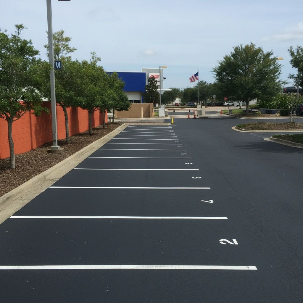 Numbered parking lot spaces with fresh white striping in Santa Ana California commercial property
