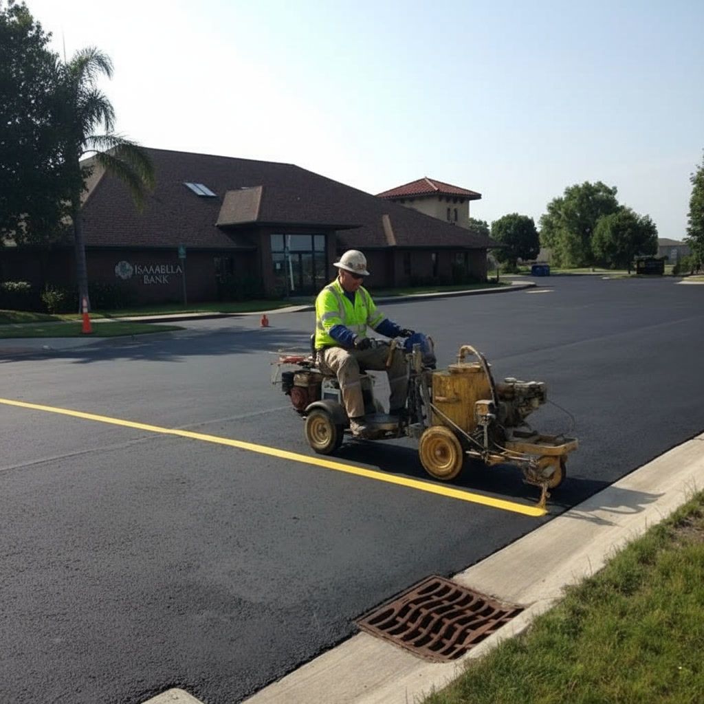 Contractor painting yellow parking lot line with striping machine in Santa Ana California