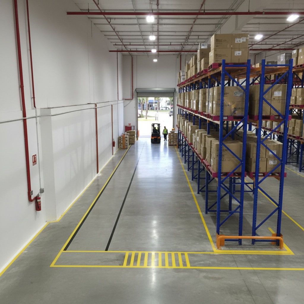 Warehouse floor striping with yellow safety walkways and forklift lanes in Santa Ana California
