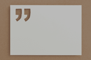 White card with large brown quotation marks in the top-left corner on a tan background