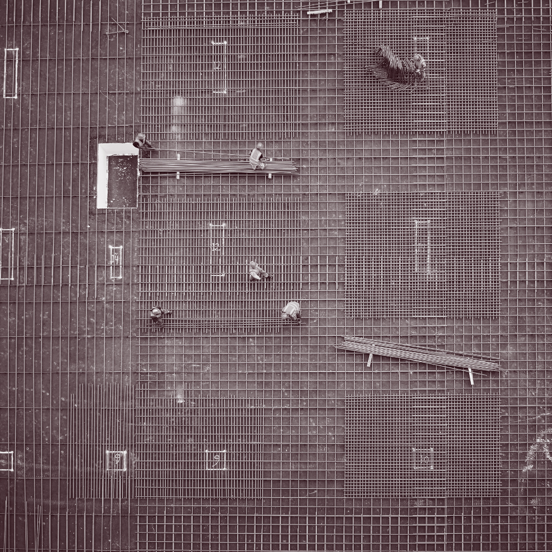 An aerial view of a building under construction.