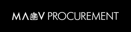 MAUV Procurement logo in white on a black background, with a decorative emblem between the words