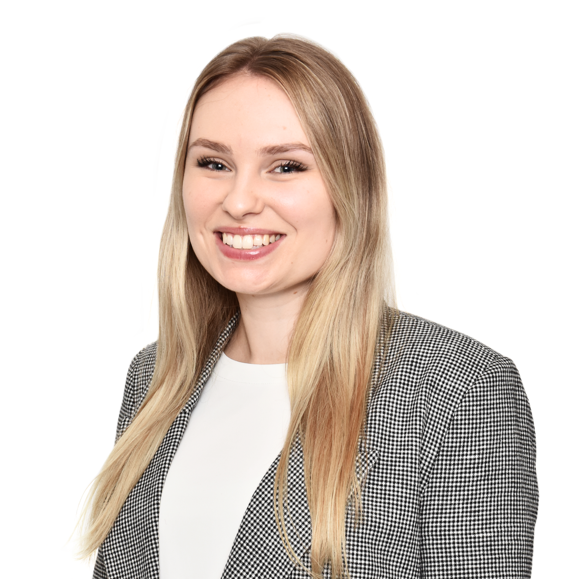 Smiling blonde woman in a gray checkered blazer and white top against a white background