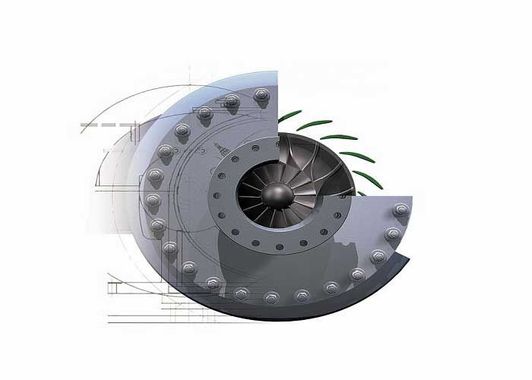 Metallic turbine fan with a cutaway section, showing a sleek industrial mechanical design.