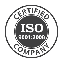 Certified ISO 9001:2008 company seal in black and white