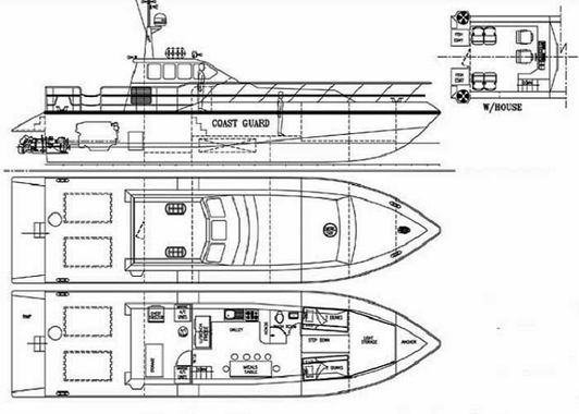 Technical drawing of a Coast Guard boat with side, top, and deck views