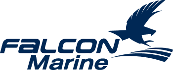 Falcon Marine logo with stylized blue falcon and wave on white background