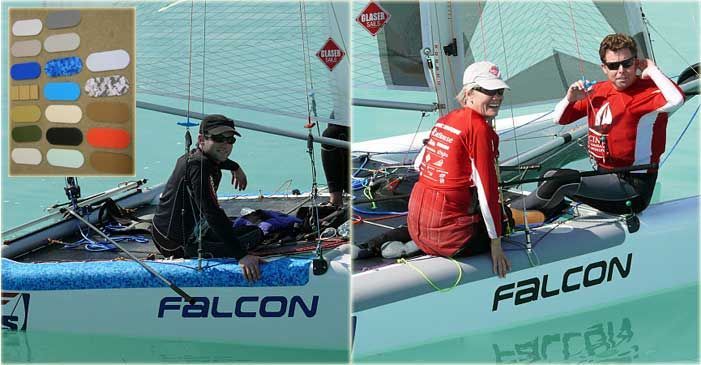 Two sailors on a Falcon sailboat on calm water, with sails and rigging visible.