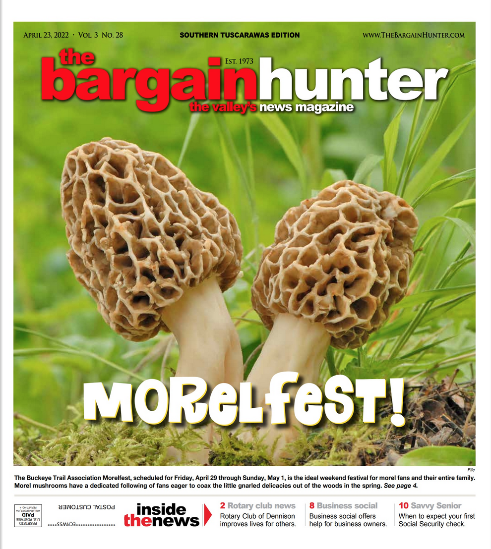 Front page of The Bargain Hunter featuring two morel mushrooms in grass, with the text 