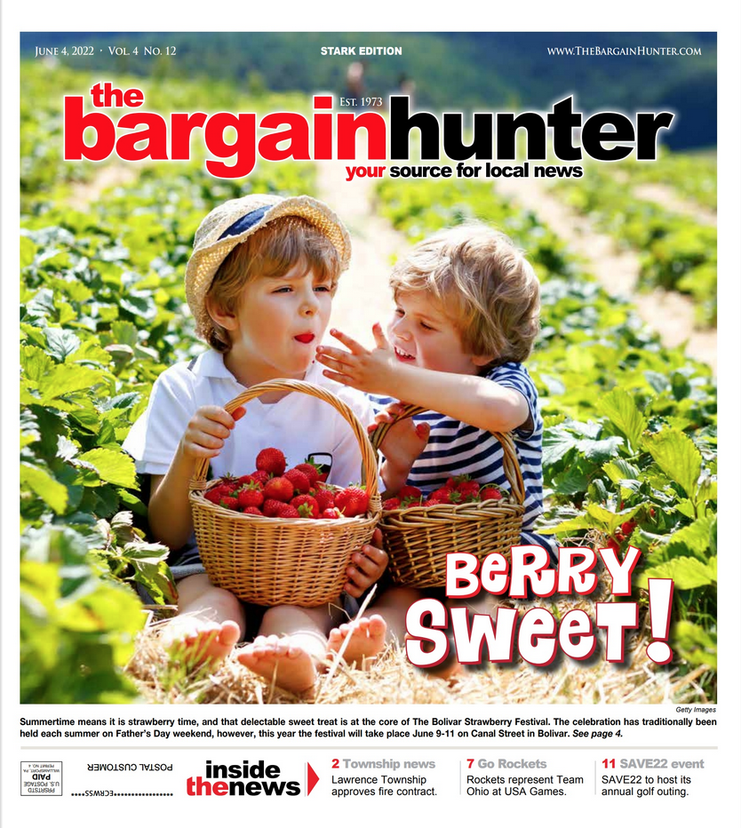 Two children picking strawberries in a field, carrying baskets and eating fruit under the headline 