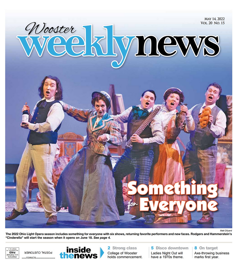 The cover of the Wooster Weekly News featuring five actors in period costumes performing on stage for a theater production.