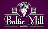 Logo for Baltic Mill Winery featuring a grape cluster illustration over a building outline against a deep purple background.