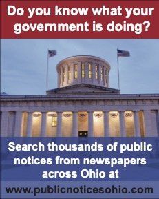 A dark red and blue flyer with the Ohio Statehouse and text about searching public notices at publicnoticesohio.com.