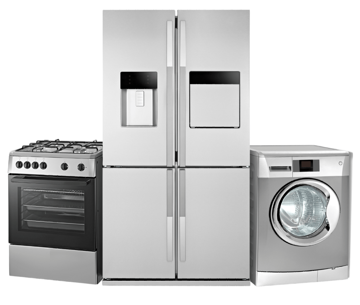 A stainless steel oven, refrigerator, and washing machine.