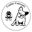 Canine Concepts logo with a dog, paw print, and grooming scissors inside a circle
