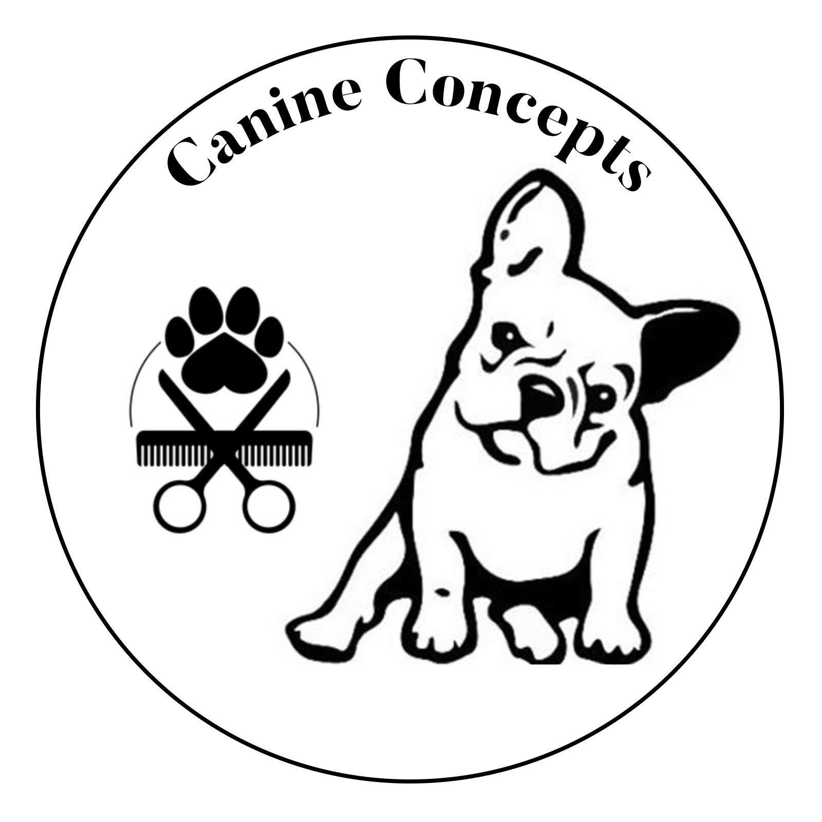Canine Concepts logo with a dog, paw print, and grooming scissors inside a circle